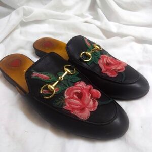 Gucci Horsebit Black Leather Floral Mules Slippers Flat Loafers Womens Size 6
